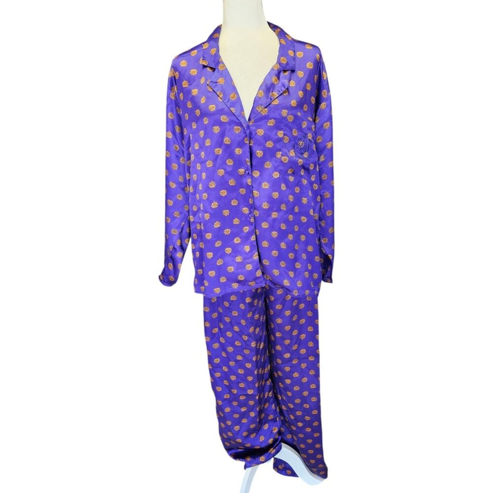 Victoria's Secret Gold Label Purple Satin 2pc Pajama Set M Long Sleeve Pants